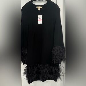 MICHAEL MICHAEL KORS Black Sweater Dress with Ostrich Feather Trim, Size XS, NWT
